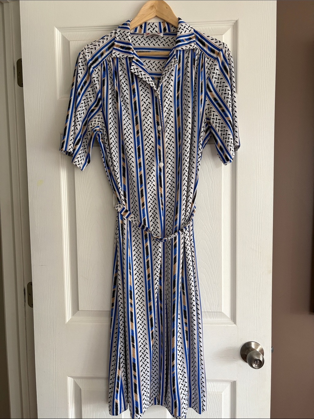 Vintage French designer Blue and White Striped Midi Shirt Dress with belt Waist